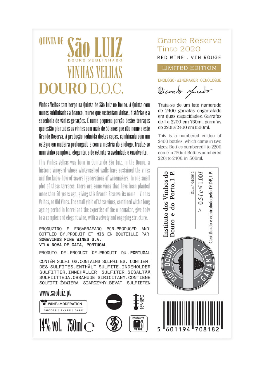 VINHO DOURO SÃO LUIZ VINHAS VELHAS 2020 TINTO