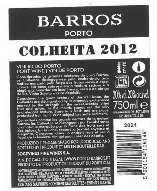 VINHO DO PORTO BARROS COLHEITA 2012 TAWNY